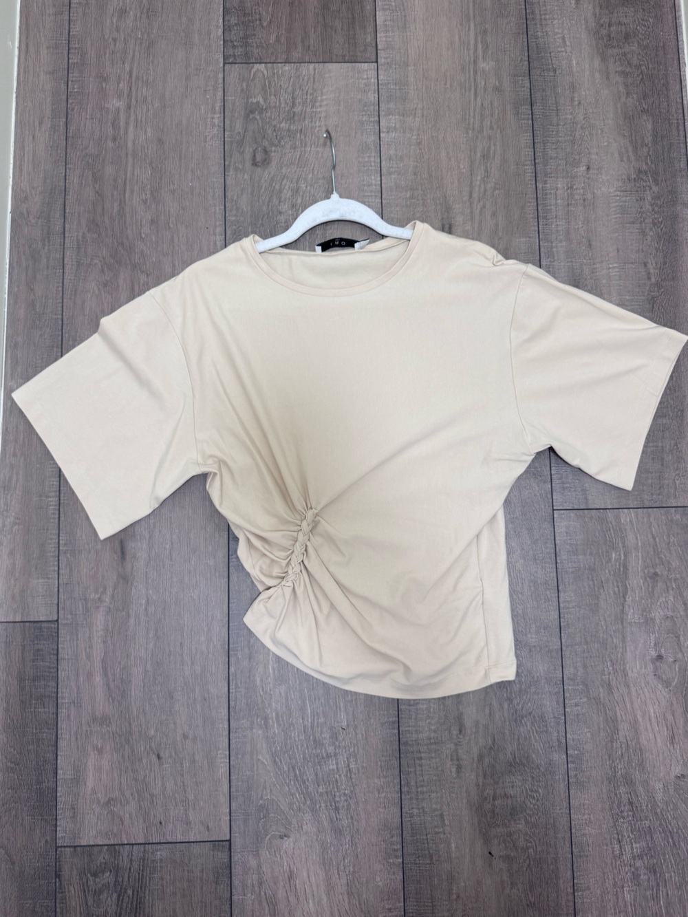 IRO Beige Ruched Short Sleeve Tee with Braid Cinched Waist Detail